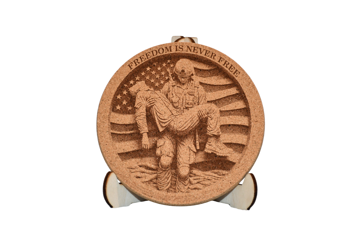 Patriotic - Cork Coaster - Veteran - Freedom Is Never Free - Laser Engraved - Made in America