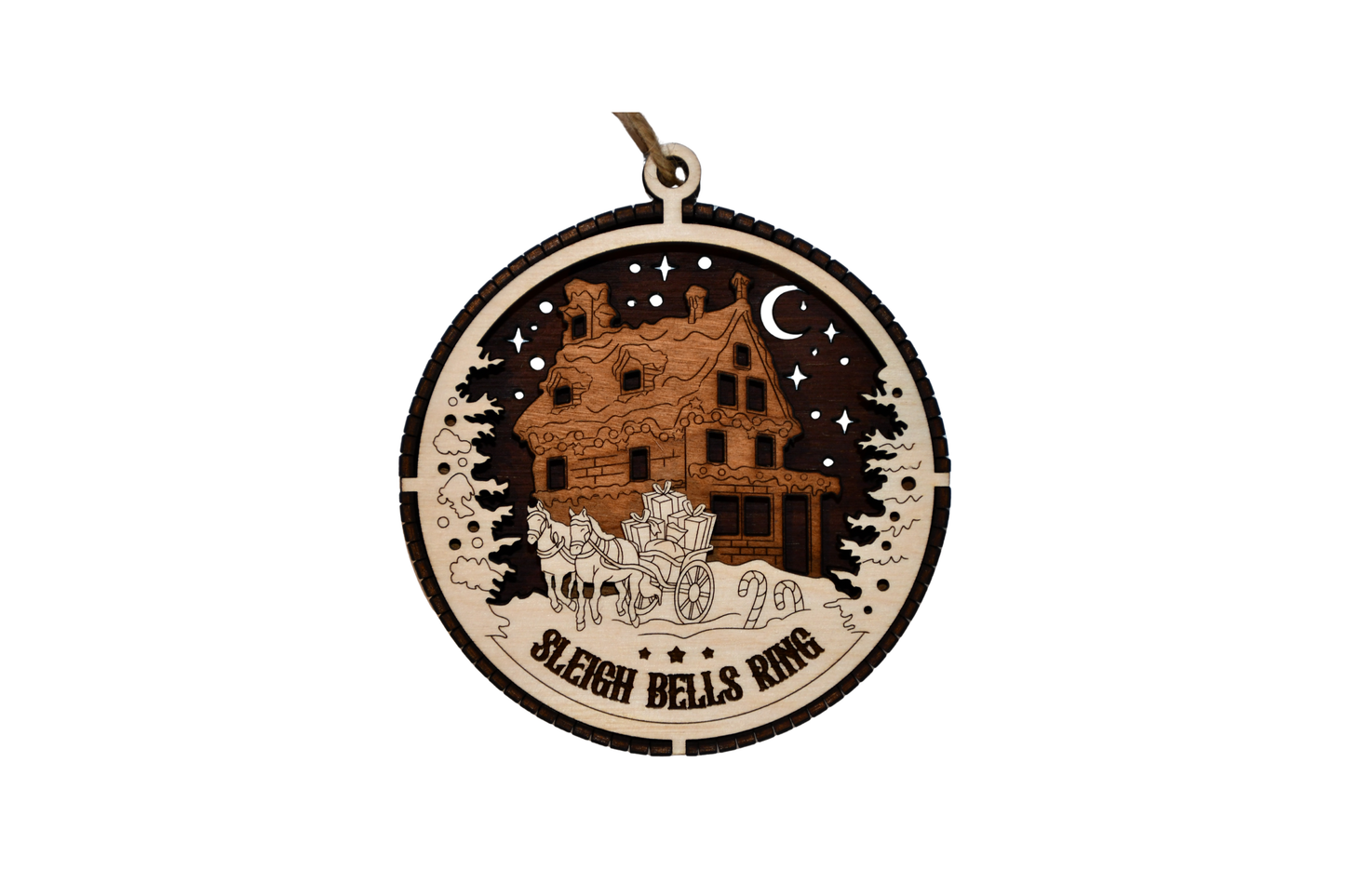 3 Layer Christmas Ornament - Sleigh Bells - Laser Engraved Wood | Made in America