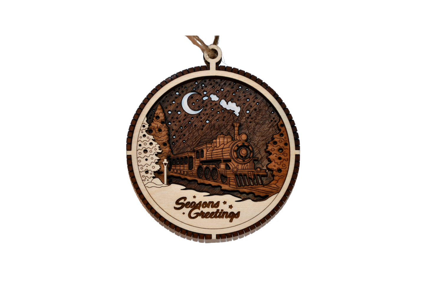 3 Layer Christmas Ornament - Seasons Greetings - Laser Engraved Wood | Made in America