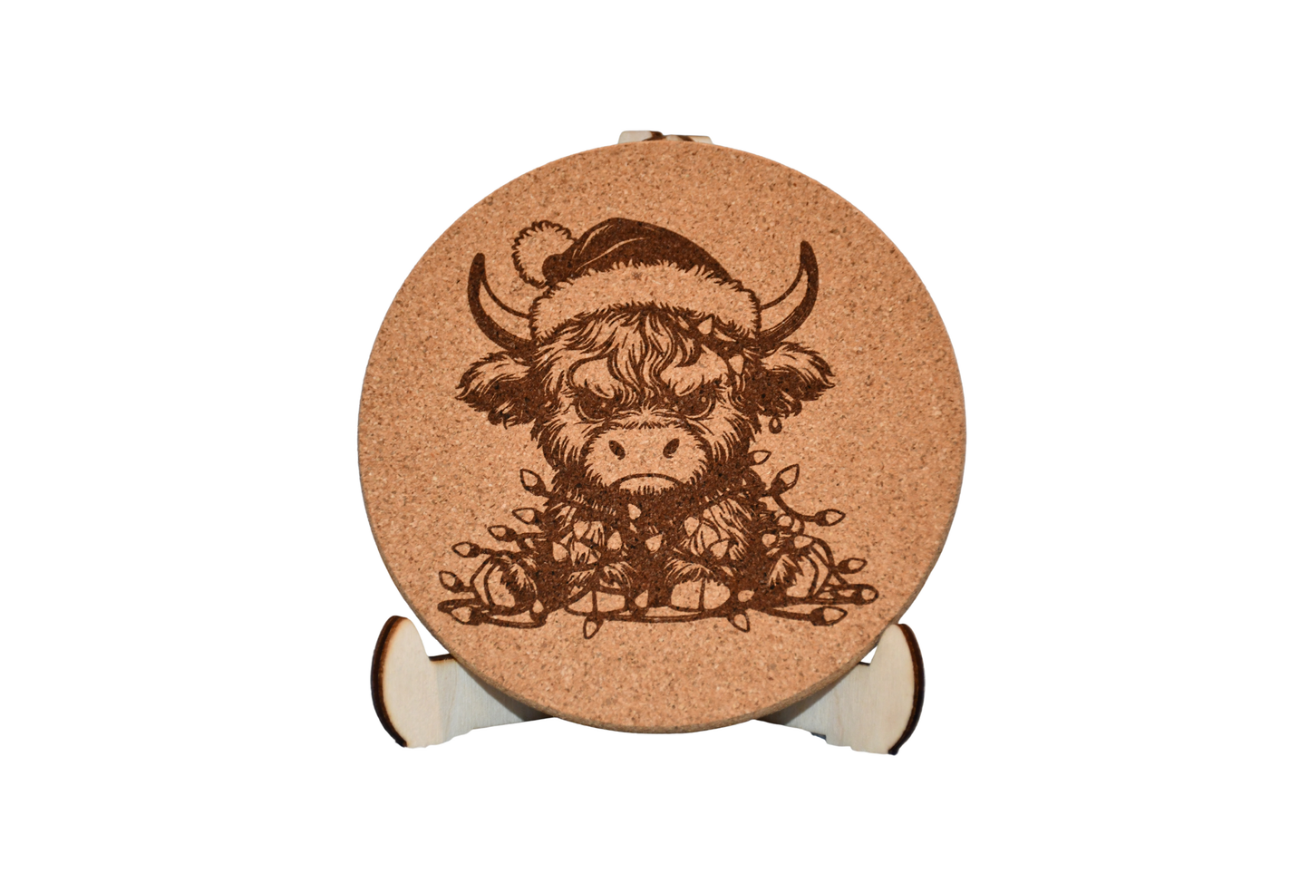 Christmas - Cork Coaster - Grumpy Highland Cow - Laser Engraved - Made in America