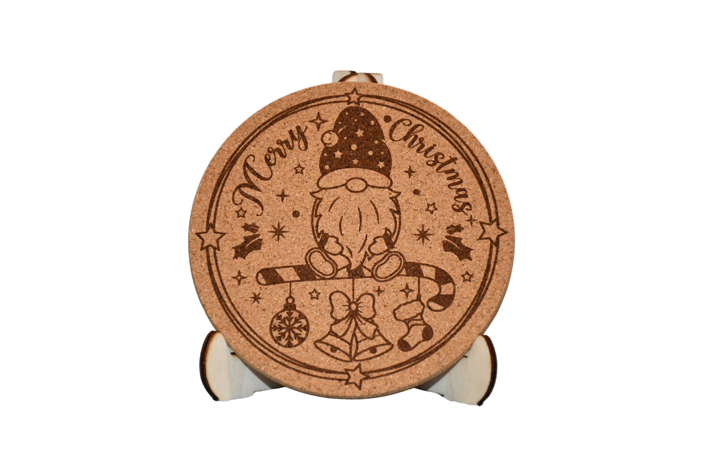 Christmas Cork Coaster - Gnome & Candy Cane - Laser Engraved - Made in America