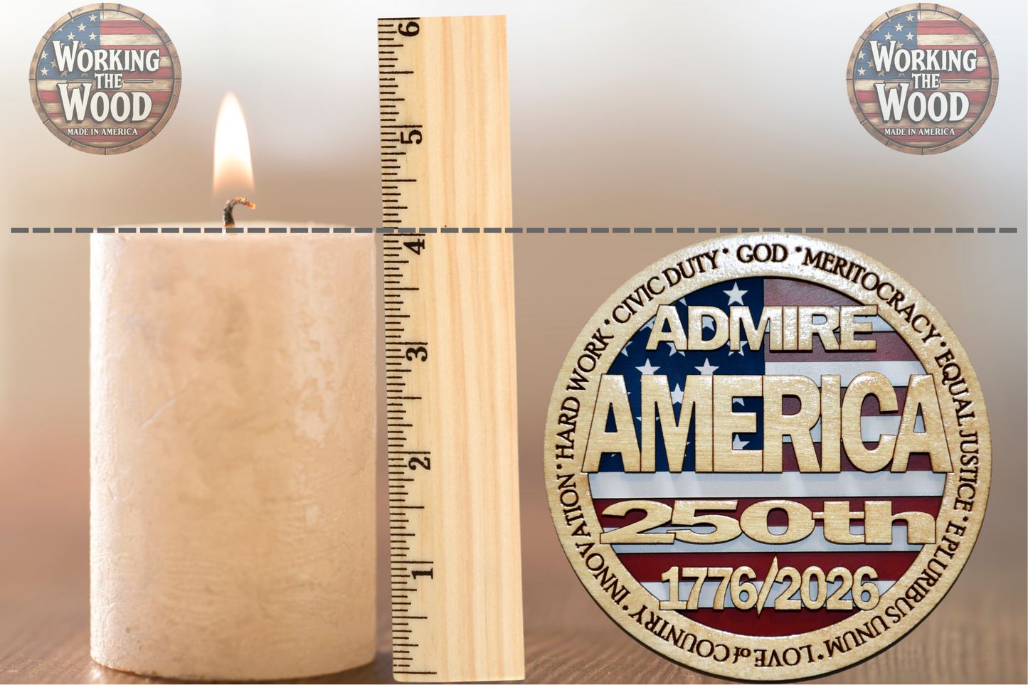 America's 250th Anniversary (ADMIRE) Emblem - 4 Inch Round with Stand