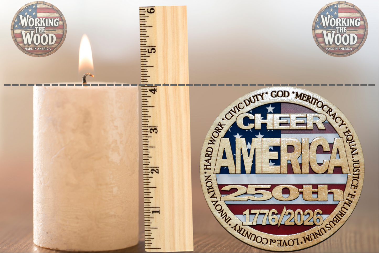 America's 250th Anniversary (CHEER) Emblem - 4 Inch Round with Stand