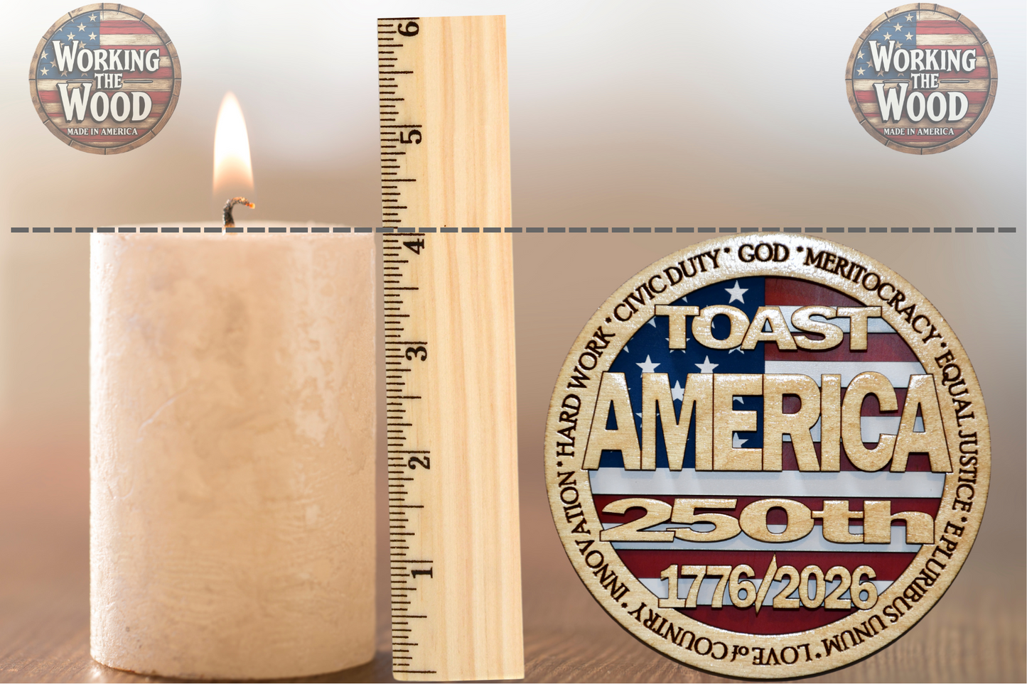 America's 250th Anniversary (TOAST) Emblem - 4 Inch Round with Stand