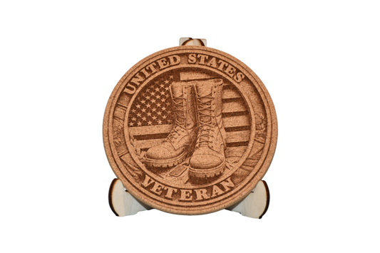Patriotic - Cork Coaster - USA Veteran Boots - Laser Engraved - Made in America