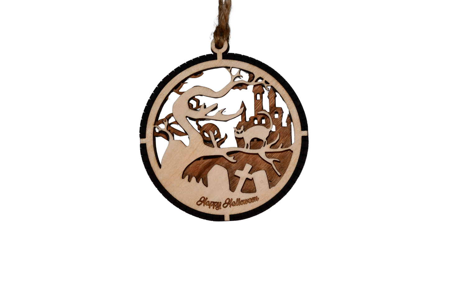 2 Layer Halloween Ornament - Spooky - Cat - Laser Engraved Wood | Made in America