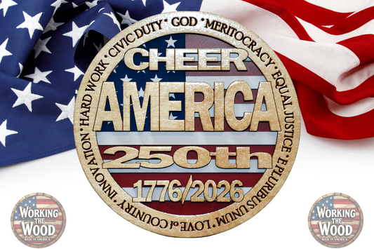 America's 250th Anniversary (CHEER) Emblem - 4 Inch Round with Stand