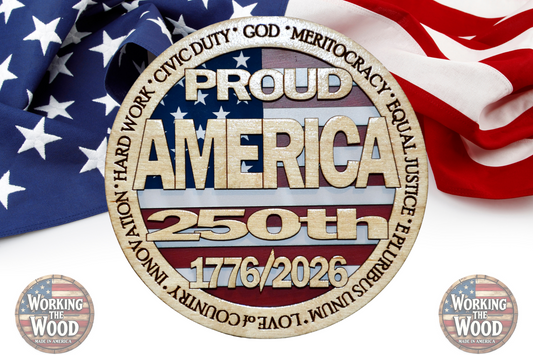 America's 250th Anniversary (PROUD) Emblem - 4 Inch Round with Stand