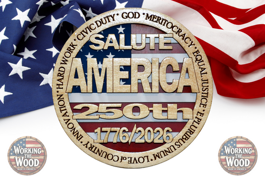 America's 250th Anniversary (SALUTE) Emblem - 4 Inch Round with Stand
