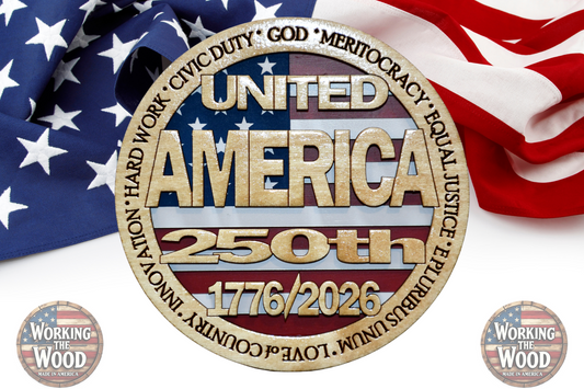 America's 250th Anniversary (UNITED) Emblem - 4 Inch Round with Stand