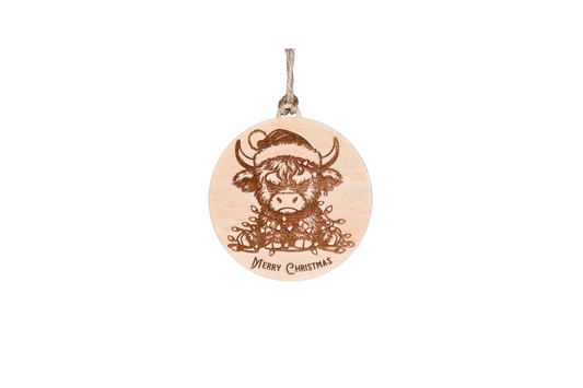 1 Layer Christmas Ornament - Grumpy Highland Cow - Laser Engraved Wood | Made in America