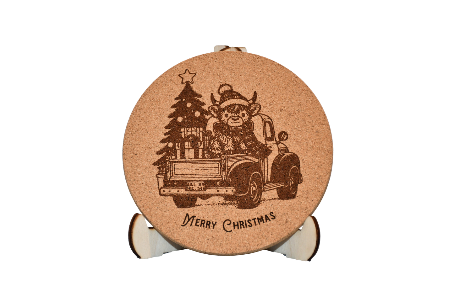 Christmas - Cork Coaster - Truck & Highland Cow - Laser Engraved - Made in America