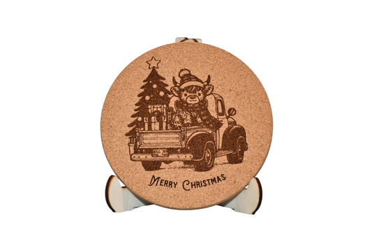 Christmas - Cork Coaster - Truck & Highland Cow - Laser Engraved - Made in America