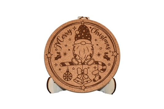 Christmas Cork Coaster - Gnome & Candy Cane - Laser Engraved - Made in America