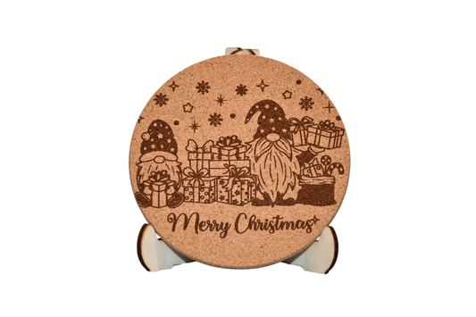Christmas Cork Coaster - Gnomes & Presents - Laser Engraved - Made in America