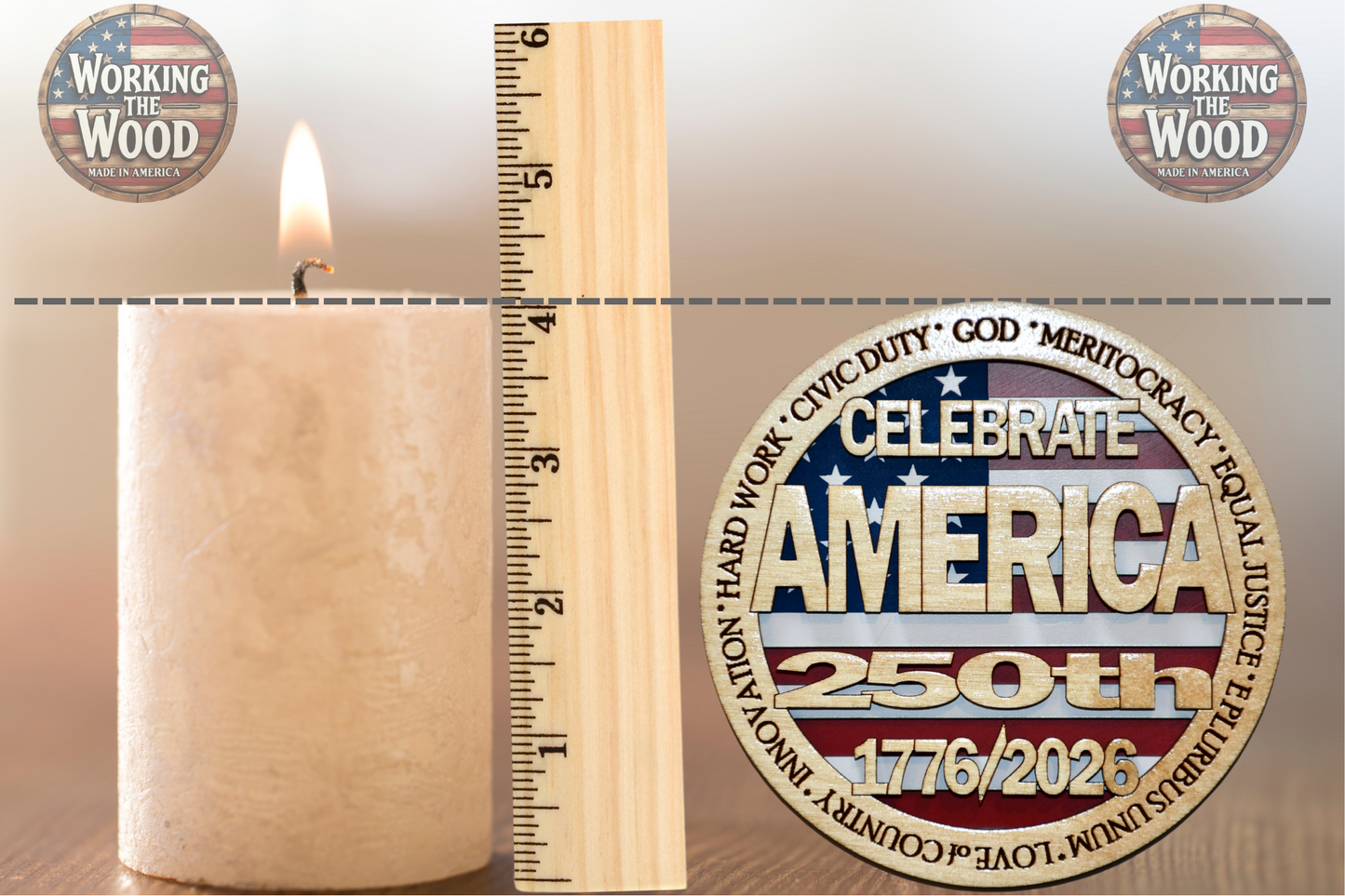 America's 250th Anniversary (CELEBRATE) Emblem - 4 Inch Round with Stand