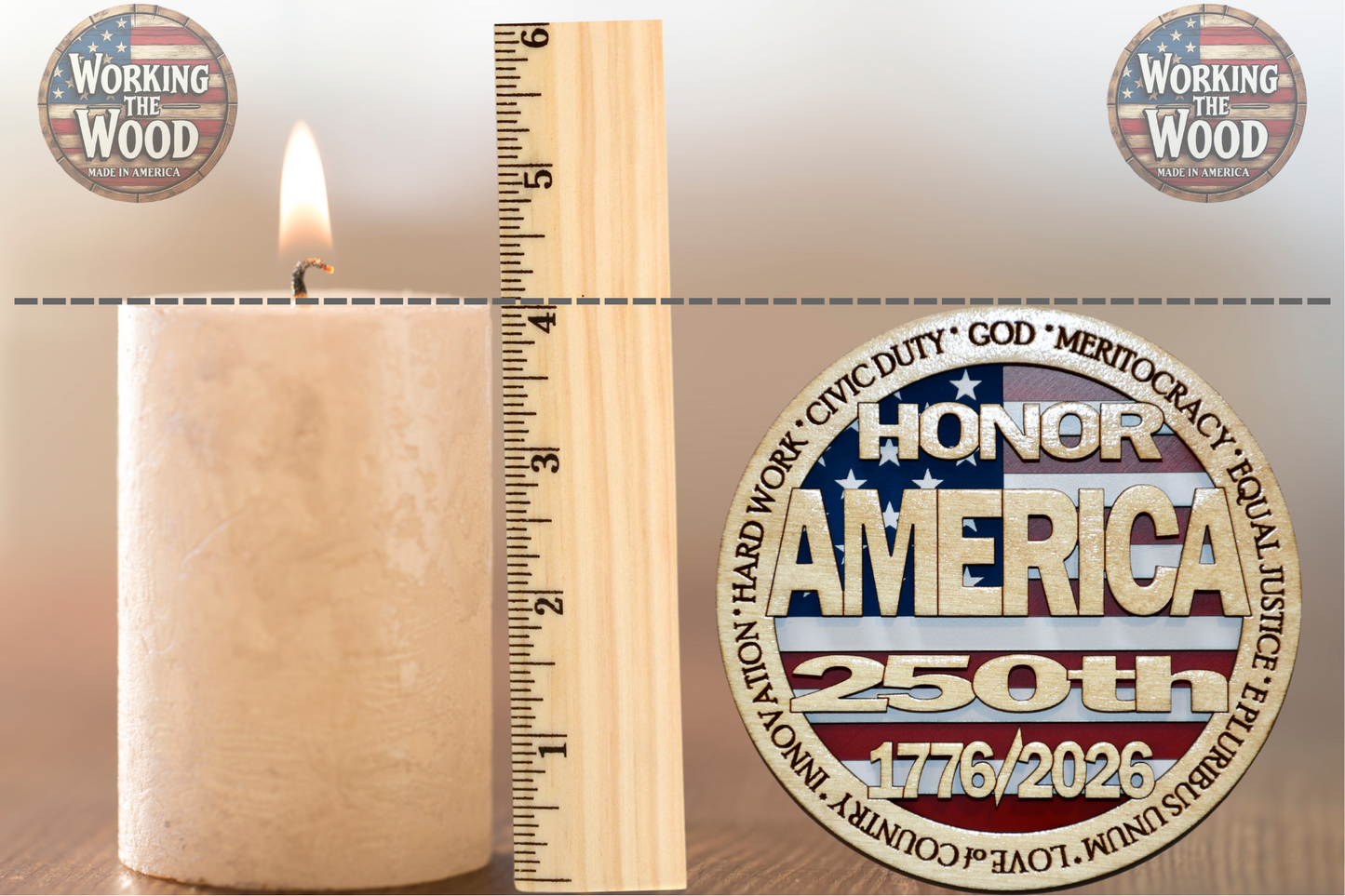 America's 250th Anniversary (HONOR) Emblem - 4 Inch Round with Stand