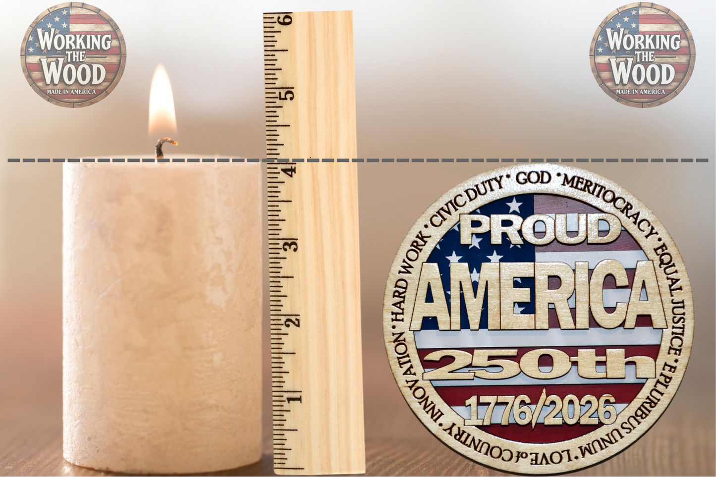 America's 250th Anniversary (PROUD) Emblem - 4 Inch Round with Stand