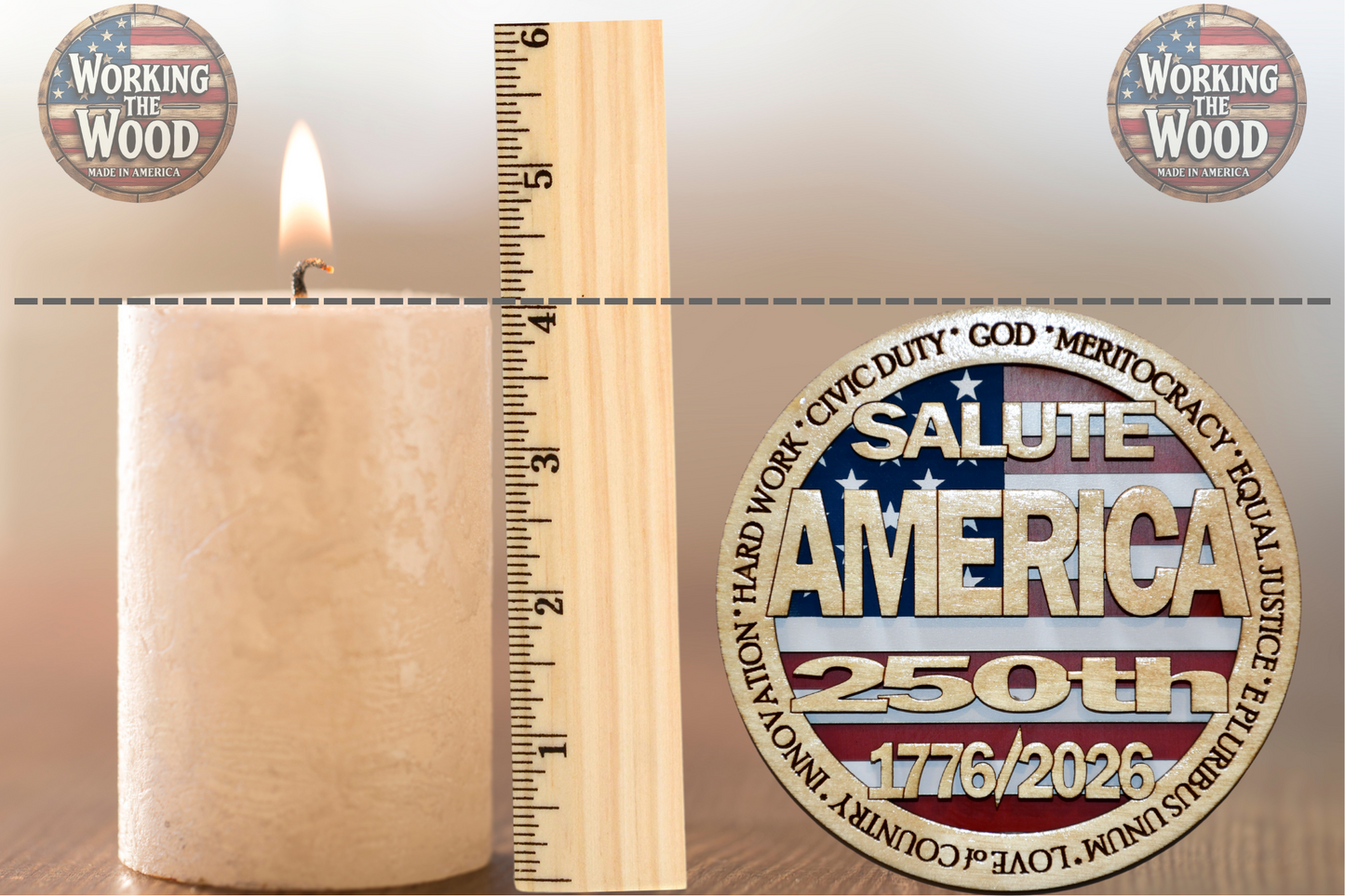 America's 250th Anniversary (SALUTE) Emblem - 4 Inch Round with Stand