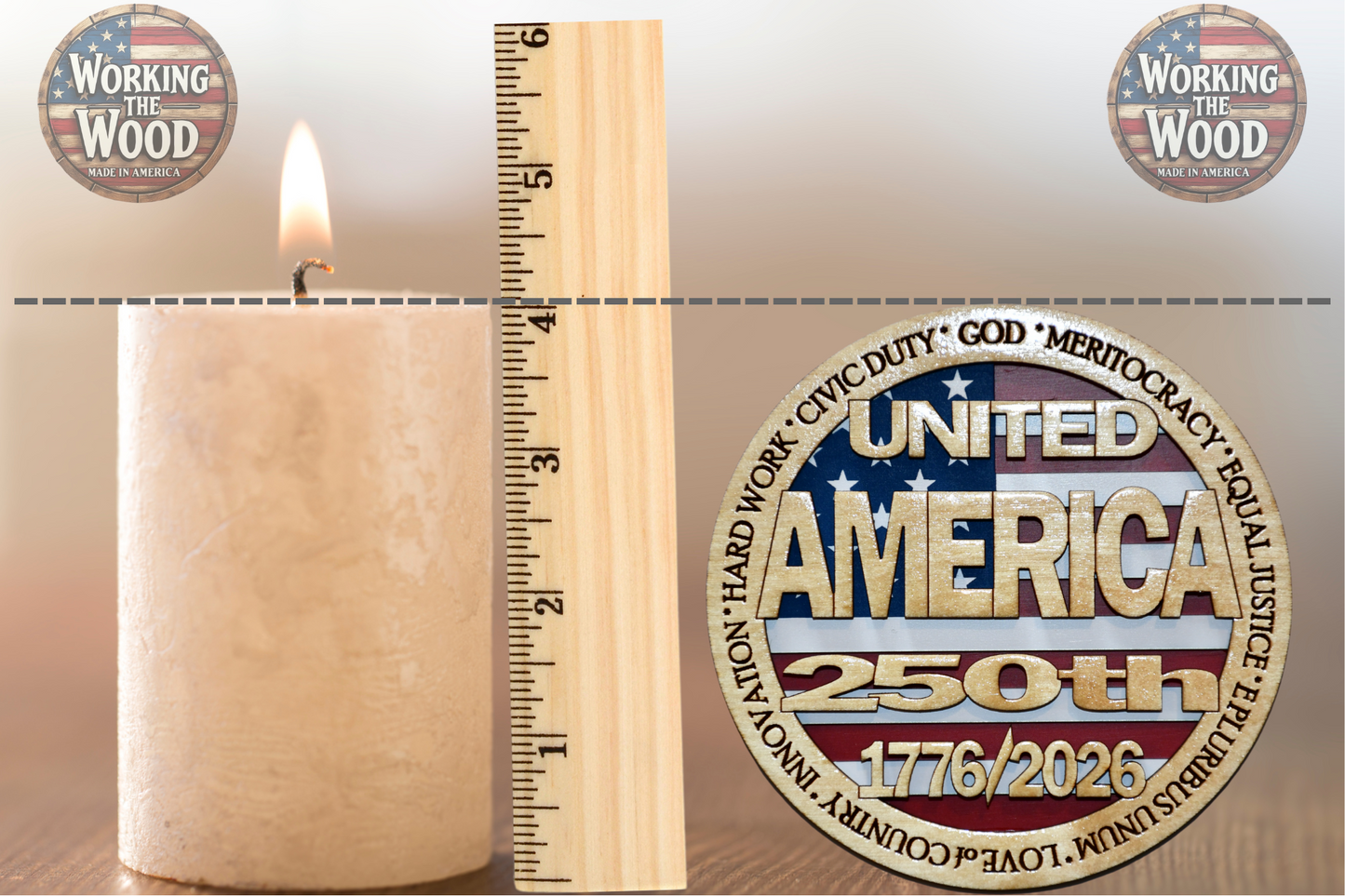 America's 250th Anniversary (UNITED) Emblem - 4 Inch Round with Stand